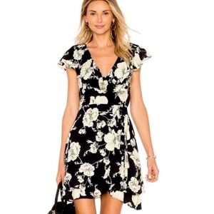 Free People French Quarter Floral Wrap Dress in Black & Cream Flutter Sleeve